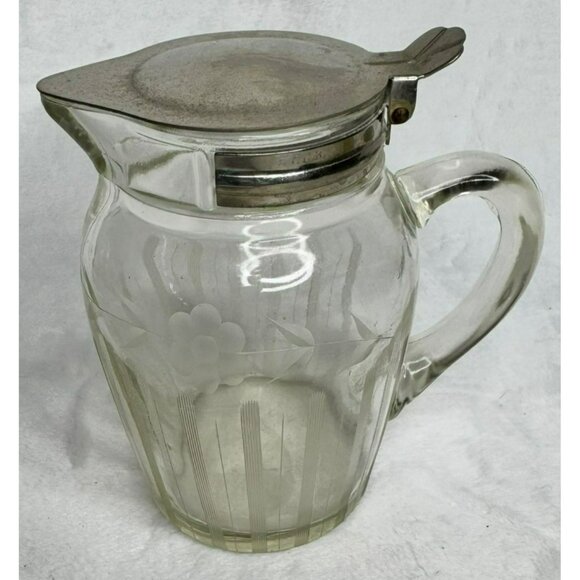 VTG Glass Syrup Pitcher With Metal Lid Etched Floral Design Marked E & JB 1916 - Picture 1 of 13